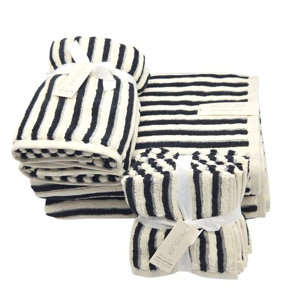 Rachel Zoe 8pc Cream And Black Striped Cotton Towel Set 2 Bath 4 Wash 2 Hand - Picture 16 of 16